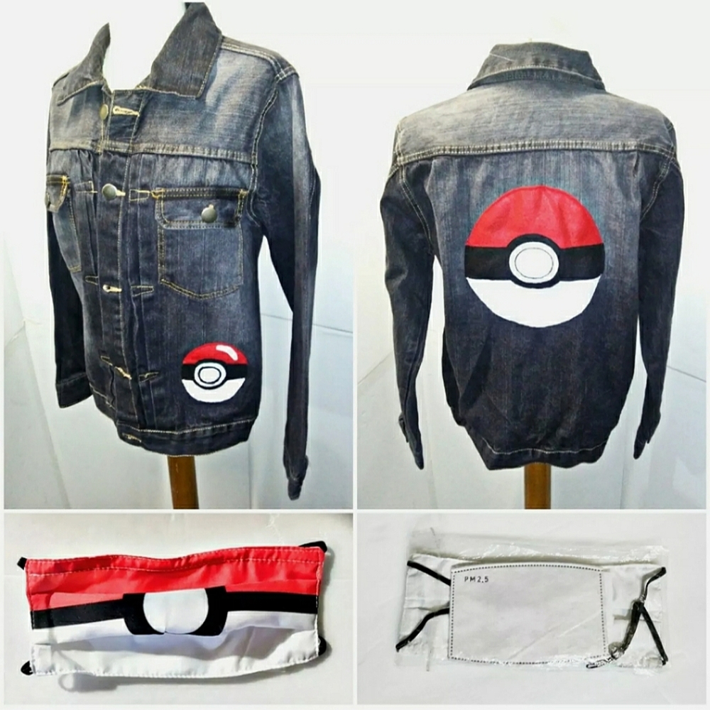 NEW Pokemon x Streetwear Denim Trucker Jacket w/Complimenting Face Mask! XS, Men